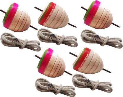 Jiyansh Traders 5 Pcs Wooden Lattu Spinner Toy OR Wooden Round Spinning Top With Thread