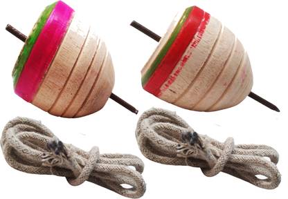 Ds Company 2 Pcs Wooden Lattu Spinner Toy OR Wooden Round Spinning Top With Thread