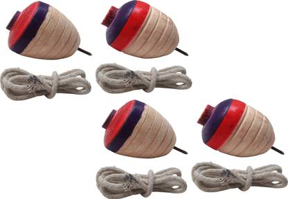 DsIndustry 04 Pcs Wooden Lattu Spinner Toy OR Wooden Round Spinning Top With Thread