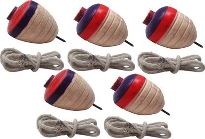 Ds Company 05 Pcs Wooden Lattu Spinner Toy OR Wooden Round Spinning Top With Thread