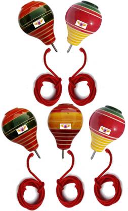 Jayam Traditional Wooden Spinning Tops/lattoo/bambaram/buguri/bongaram with String/Pack of 5