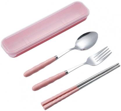 Inovera 3-Piece Cutlery Set: Spoon, Fork, Chopsticks with Case - Reusable & Portable Plastic, Steel Cutlery Set