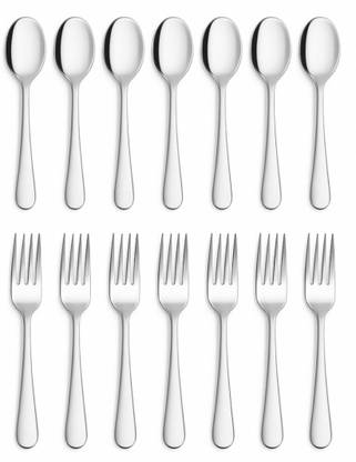 Fably Steel Dessert Spoon 7pc and Fork 7pc Combo Set Cutlery Set (pack of 14) Stainless Steel Dessert Spoon Set