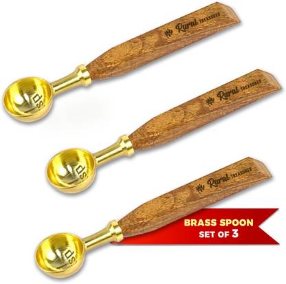 Rural Treasures Brass Spoon Set | Measuring Spoon with Wooden Handle for Hawan & Pooja | 1Tbsp | Useful for Home & Kitchen in Cooking, Baking, Tea | Set of 3 Spoons Brass, Wooden Measuring Spoon Set