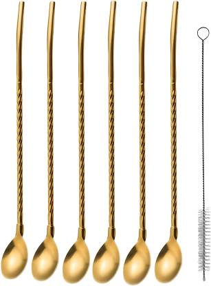 Rupela 6 Pcs Stainless Steel 2-in-1 Straw Cum Spoons Long Straws for Ice Tea, Milkshake Stainless Steel Dessert Spoon Set