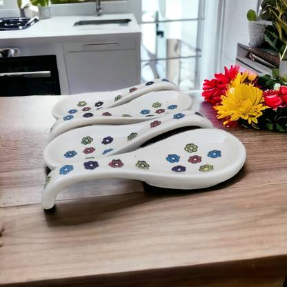 Malaikah Ceramic Spoon Rest Large Multi Flower Flower Pack of 4 Ceramic Serving Spoon, Measuring Spoon, Soup Spoon, Table Spoon Set