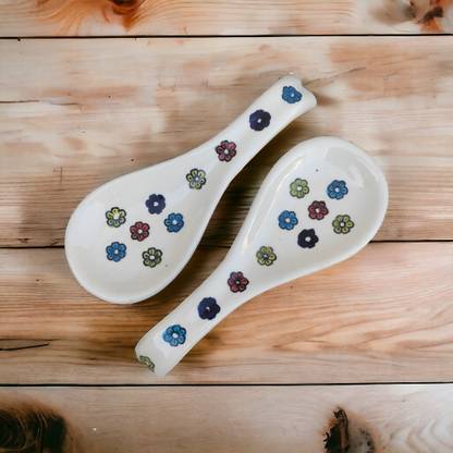 Malaikah Ceramic Spoon Rest Large Multi Flower Flower Pack of 2 Ceramic Serving Spoon, Measuring Spoon, Soup Spoon, Table Spoon Set