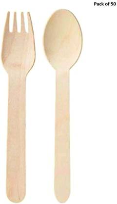 KWEL Disposable Wooden Spoons (50) & Disposable Wooden Forks (50) for Home Use, 100% Biodegradable, Eco-Friendly - Combo Pack Disposable Wooden Table Spoon Set