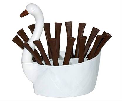 unlock Duck Cutlery Set for Dining Table with Stand-24 Piece Stainless Steel with Plastic Cutlery Set- 6 Table Spoons, 6 Tea Spoons, 6 Forks, 6 Dessert Spoons (Duck Set, Brown) Stainless Steel Coffee Spoon, Dessert Spoon, Tea Spoon, Soup Spoon