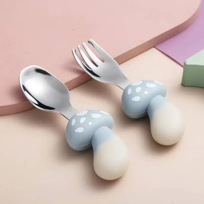 MONKHOOD Self Feeding Spoon and Fork Set For Kids, Stainless Steel, Silicone Table Spoon Set