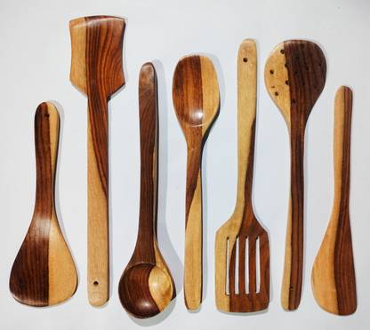 decorlay Natural Cooking Spoon Set of 7 | 2 Frying, 1 Serving, 1 Spatula, 1 Chapati Spoon, 1 Desert, 1 Rice | Rosewood Utensils | Brown Wooden Table Spoon Set