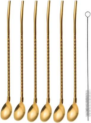 Rupela 6 Pcs Stainless Steel 2-in-1 Straw Cum Spoons Long Straws for Ice Tea, Milkshake Stainless Steel Dessert Spoon Set