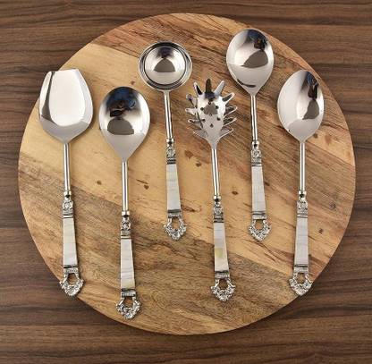 MFU-MADE FOR YOU Designer Serving Spoon Set Golden & Silver Feather Antique Handle Design Brass Serving Spoon Set