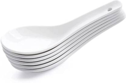 TRILOKNKS Basics White Fine Ceramic Soup Spoons (Set of 6) of 13.4 cm Disposable Ceramic Soup Spoon Set
