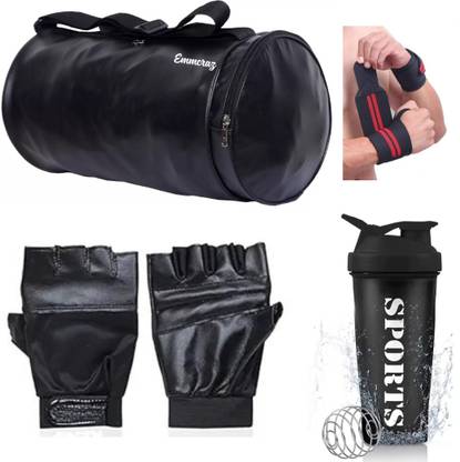 EMMCRAZ black gym bag with spider protein shaker with gym gloves and wrist support