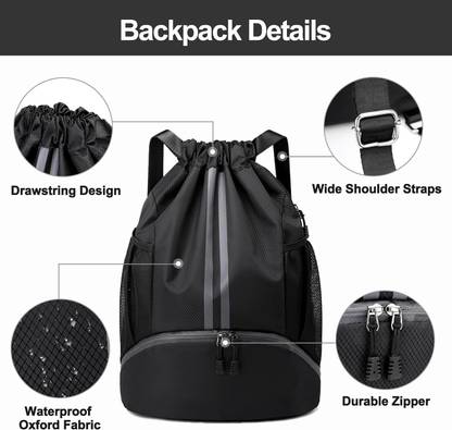 Leosportz 22L Waterproof Drawstring Backpack Unisex with shoe compartment