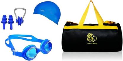 PRO365 Anti Fog Goggles|Silicon Cap|Earplugs & Nose Clip With Premium Duffle Gym Bag Swimming Kit