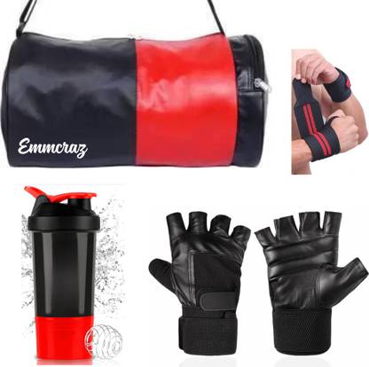 EMMCRAZ (black&red) gym bag with spider bottle with wrist band & gym gloves Home Gym Kit