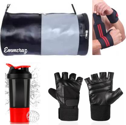EMMCRAZ BLACK & GREY GYM BAG WITH BOTTLE , GLOVES AND WRIST SUPPORT