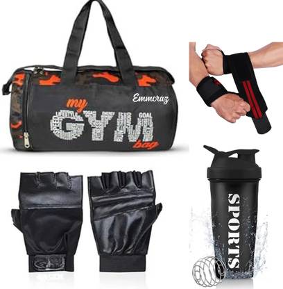 EMMCRAZ Multicolr gym bag with spider protein shaker with gym gloves and wrist support