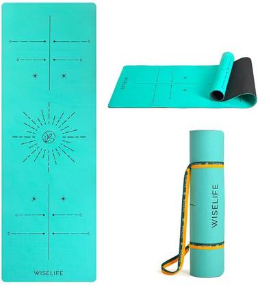 Wiselife Dual Layer TRU Alignment Yoga Mat + Sleek Yoga Strap TPE Material-Turquoise Blue 6 mm Yoga Mat