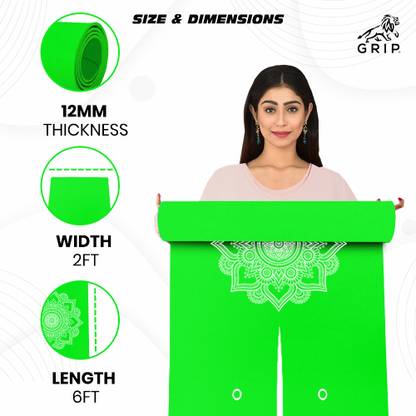 Grip 24 Inches x 72 Inches Standard Series Parrot Green Color Mandala Alignment 8 mm Yoga Mat