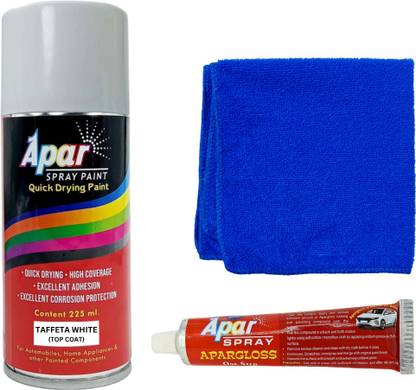 apar Spray Paint Taffetta White+Polish Tube+MF Cloth, Compatible For Honda Cars, White Spray Paint 225 ml