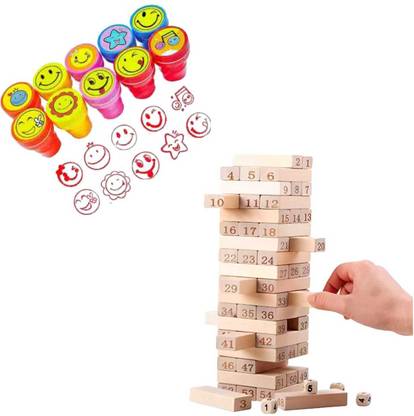 Premio Coppex Classic Stacking Tower Game – 54 Wooden Blocks + Free Emoji Stamp