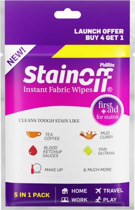 Stainoff Stain Remover Wipes (5 in 1 Pack), helps remove stains from white & colour cloth Stain Remover
