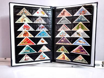 GOLD MINT Stamp Album stock book with 50 Different Rare Triangle stamps Kids Hobby set Stamp Album