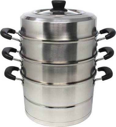 ShoppersHub PNQ 3 Tier Induction & Gas Compatible Corn Steamer 28CM with Transparent Lid Stainless Steel Steamer