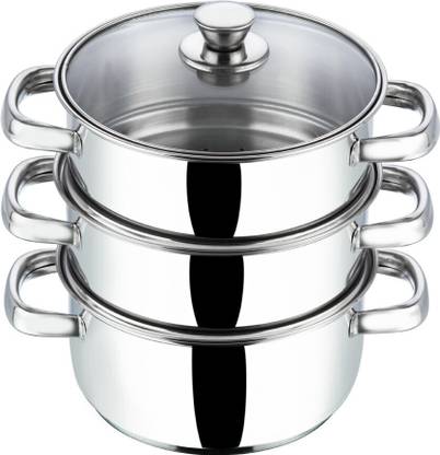 VINOD 3 Tier 18 cm /Momo/Modak Maker with Glass Lid,Induction Base Stainless Steel Steamer