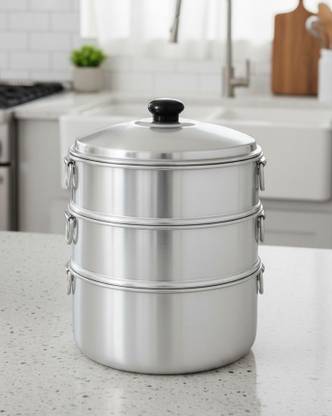 TambaVeda Aluminium Momo Steamer for Idli, Dhokla & Vegetables | 4 Tier Steaming Pot Aluminium Steamer