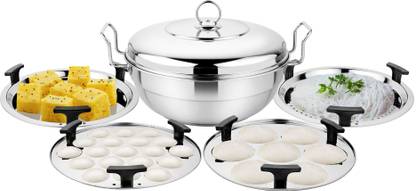 PRABHA Stainless Steel Grace Multi Kadhai Heavy Gauge Bottom 28cm 6 Plates With Lid, Stainless Steel Steamer