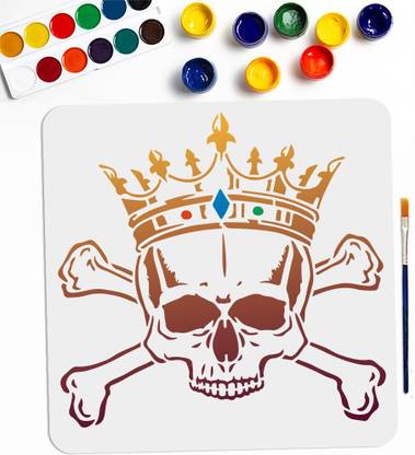 Devasya Crafts Crown Skull Stencil 11.8×11.8inch Large Skull Crossbones Stencils for Painting with Painting Brush Reusable Scary Skeleton Painting Stencils for Wood Canvas Paper Fabric Wall Decor Stencil