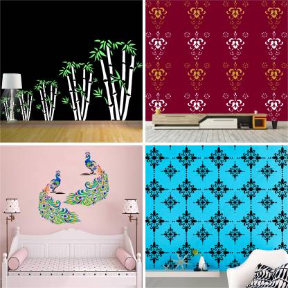 ARandNJ Painting Wall Stencils (Size :- 16 X 24 Inch) PATTERN- "Bamboo Art", "Rajasthani Festive Art", "Peacock", "Shimmering Radiant" Design Suitable For Home Wall Decor Stencil