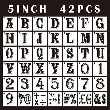 DEQUERA 5 inch Letter Stencils and Numbers Reusable Plastic, 42Pcs Alphabet Art Craft St encils, Number Symbol Templates Letter Stencils for Wood, Wall, Script Boat,Fabr ic, Rock, Chalkboard, Signage Stencil