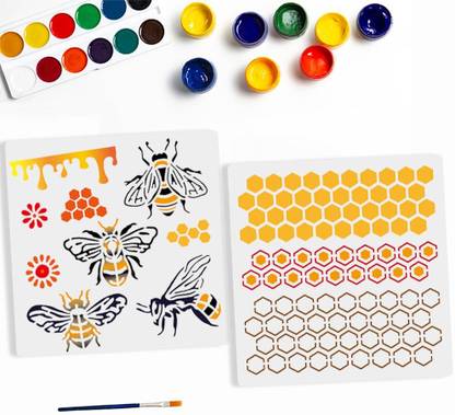 Devasya Crafts 2pcs Honey Bee Stencil 11.8×11.8inch Reusable Bee Honeycomb Stencil with Paint Brush Honeycomb Hexagon Drawing Template for Wood Wall Canvas Furniture Window DIY Craft Stencil