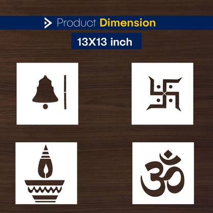 ARandNJ Painting Wall Stencils (Size 13X13 Inch), DEVOTIONAL THEME- Temple Bell, Swastika, Diya Bati & Om Symbol Art DIY Reusable Design Ideal For Pooja Room and Office Decoration Modern Wall Stencil