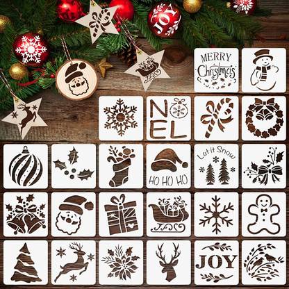 Kachi Pencil 24Pcs Small Christmas Stencils 3x3 Inch for Painting on Wood Slice,DIY Christmas Ornaments For Art & Craft Stencil