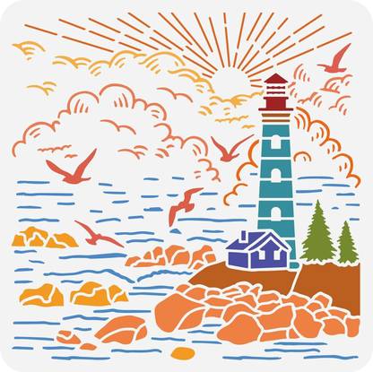 Devasya Crafts Nautical Lighthouse Stencil, Seagull Sun Reusable Drawing Stencils 12x12" DIY Craft Template for Room Decor DIY Crafts ScrapbookBEN-0093 Stencil