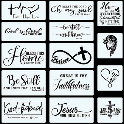 Kachi Pencil 14PCS Christian Stencils Painting on Wood, Bible Sign Motivational Saying Faith God Fidence Be Still Reble Painting Stencils DIY Farmhouse Wood Signs for Home O ffice Decor Stencil