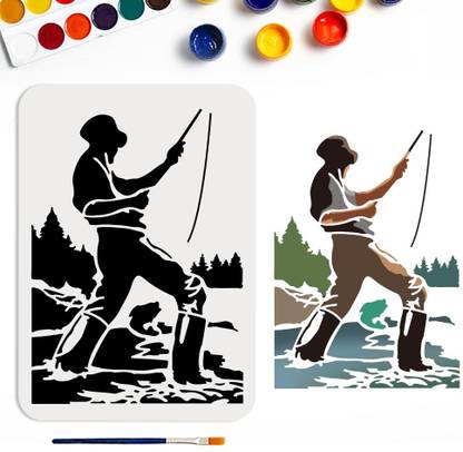 Devasya Crafts Man Fishing Stencil 11.7×8.3inch Summer Fish Stencil with Paint Brush Nature Fisherman Lake Fishing Rod Tree Template for DIY Projects Crafts Furniture Canvas Wall Decor Stencil
