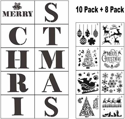 DEQUERA Christmas Stencils for Painting on Wood - 18 Pack Merry Christmas Sign Stencil T emplates with Letters and Patterns, Reusable Plastic Stencils for Wood Burning & Wall Art Stencil
