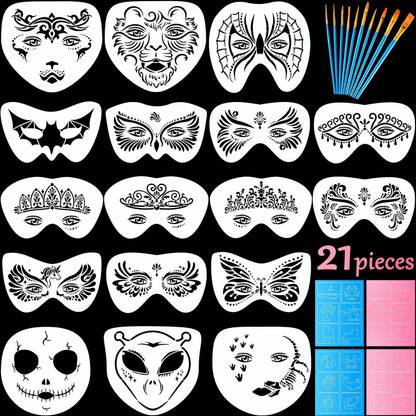 IVANA'S 31 Pieces Face Paint Stencils Kit, Includes 17 Pieces Reusable Face Painting Ste ncils and 4 Small Painting Template with 10 Pieces Round Pointed Tip Nylon Hair Brush Set for Halloween Birthday PartY Stencil