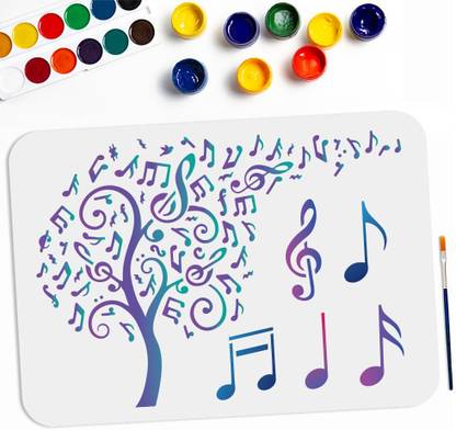 Devasya Crafts Music Tree Notes Stencils 11.7×8.3inch Large Musical Notes Treble Clef Stencils with Paint Brush Artistic Music Tree Leaves Drawing Template for Wood Canvas Furniture Craft Decor Stencil
