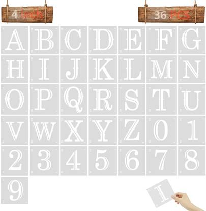 DEQUERA 4 inch Letter Stencils 36 Pcs Reusable Plastic Art Craft Alphabet Templates with Connection Design Letter and Number Stencils for Painting on Wood, Glass, Canva s, Fabric, Wall, Rock, Chalkboard Stencil