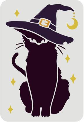 IVANA'S Black Cat Halloween Stencil, 11.7x8.3 inch Reusable Template Cat with Witch's FIN-1229 Modern Art & Craft Stencil