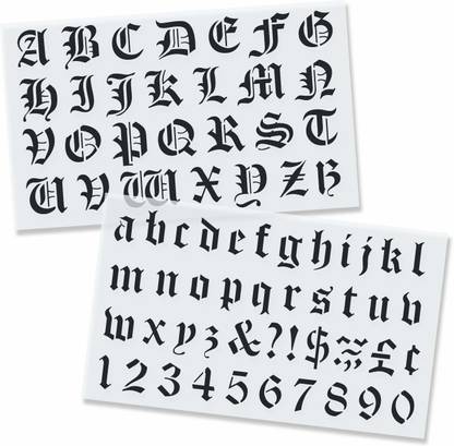 DEQUERA Stencil Stop Gothic Font Lettering Stencil - Reusable Old English Font Stencil T emplate for DIY Projects, Painting, Drawing, Crafts - 14 mil Mylar Plastic [1 in ch Tall Letters, 2 Stencils Included] Stencil