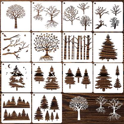 Kachi Pencil 14 Pcs Aspen Pine Tree Stencils Reversed Branches Template Reble Plastic Stencil s for Painting on Wall Wood Canvas DIY Crafts Decor Floor with Open Ring For Art & Craft Stencil
